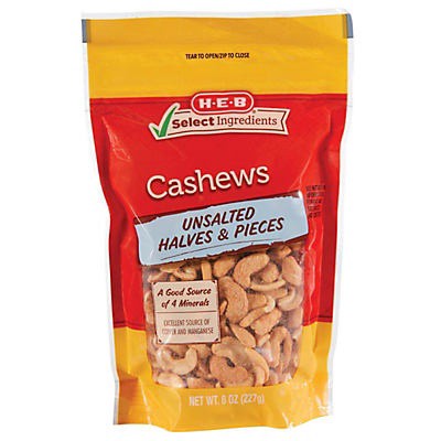 slide 1 of 1, H-E-B Select Ingredients Unsalted Cashew Halves & Pieces, 8 oz