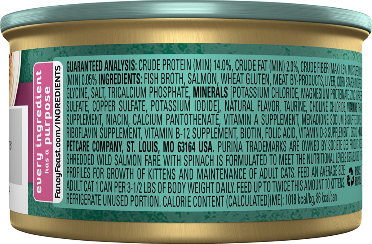 slide 2 of 7, Fancy Feast Purina Fancy Feast Wet Cat Food, Medleys Shredded Wild Salmon Fare With Spinach in a Savory Cat Food Broth, 3 oz