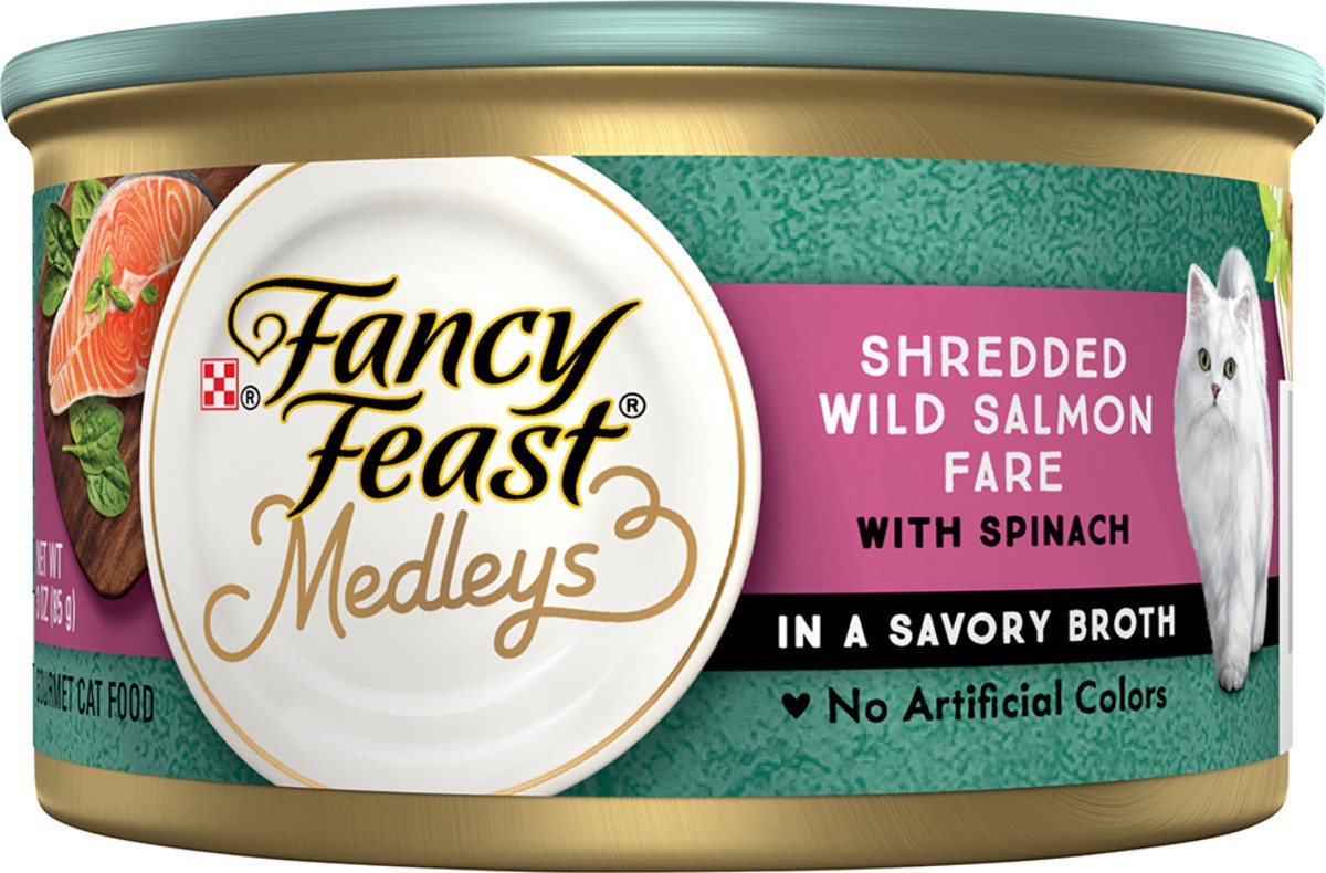 slide 7 of 7, Fancy Feast Purina Fancy Feast Wet Cat Food, Medleys Shredded Wild Salmon Fare With Spinach in a Savory Cat Food Broth, 3 oz