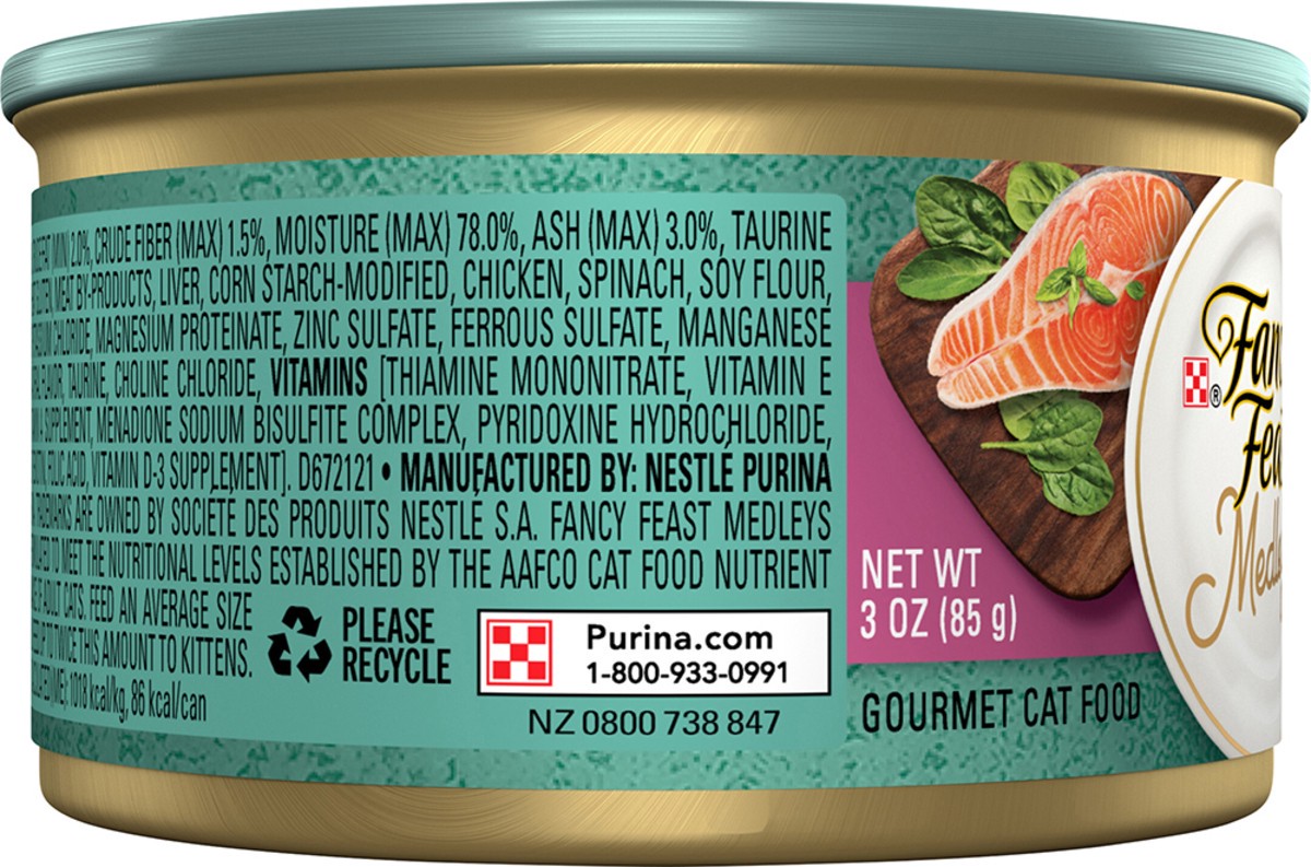 slide 5 of 7, Fancy Feast Purina Fancy Feast Wet Cat Food, Medleys Shredded Wild Salmon Fare With Spinach in a Savory Cat Food Broth, 3 oz