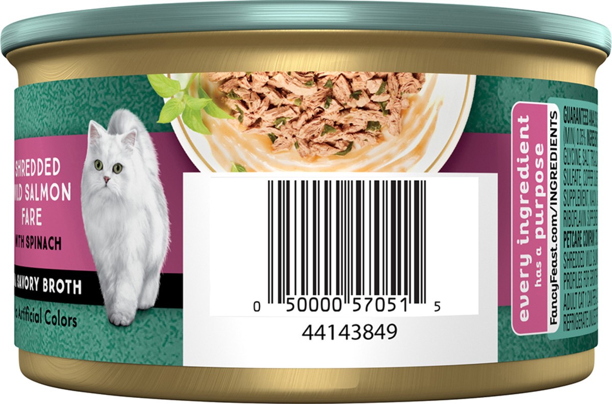 slide 6 of 7, Fancy Feast Purina Fancy Feast Wet Cat Food, Medleys Shredded Wild Salmon Fare With Spinach in a Savory Cat Food Broth, 3 oz