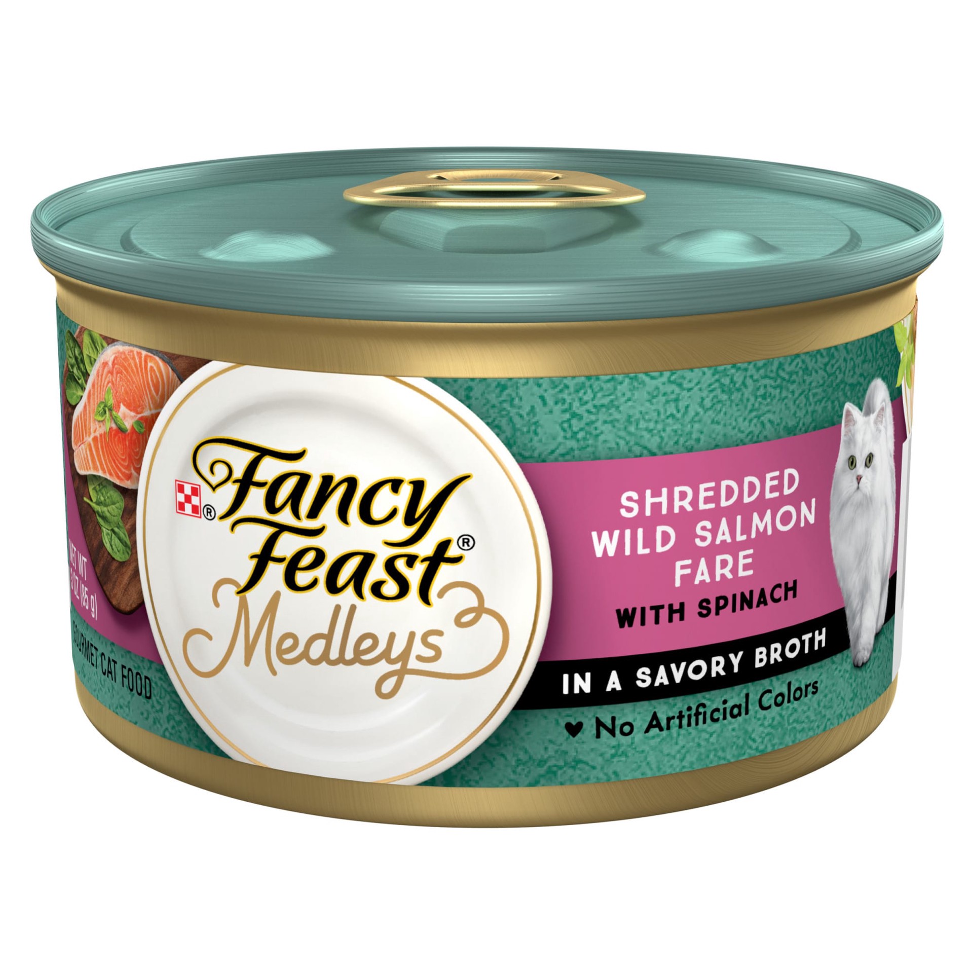 slide 1 of 7, Fancy Feast Purina Fancy Feast Wet Cat Food, Medleys Shredded Wild Salmon Fare With Spinach in a Savory Cat Food Broth, 3 oz