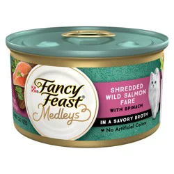 Purina Fancy Feast Wet Cat Food, Medleys Shredded Wild Salmon Fare With Spinach in a Savory Cat Food Broth