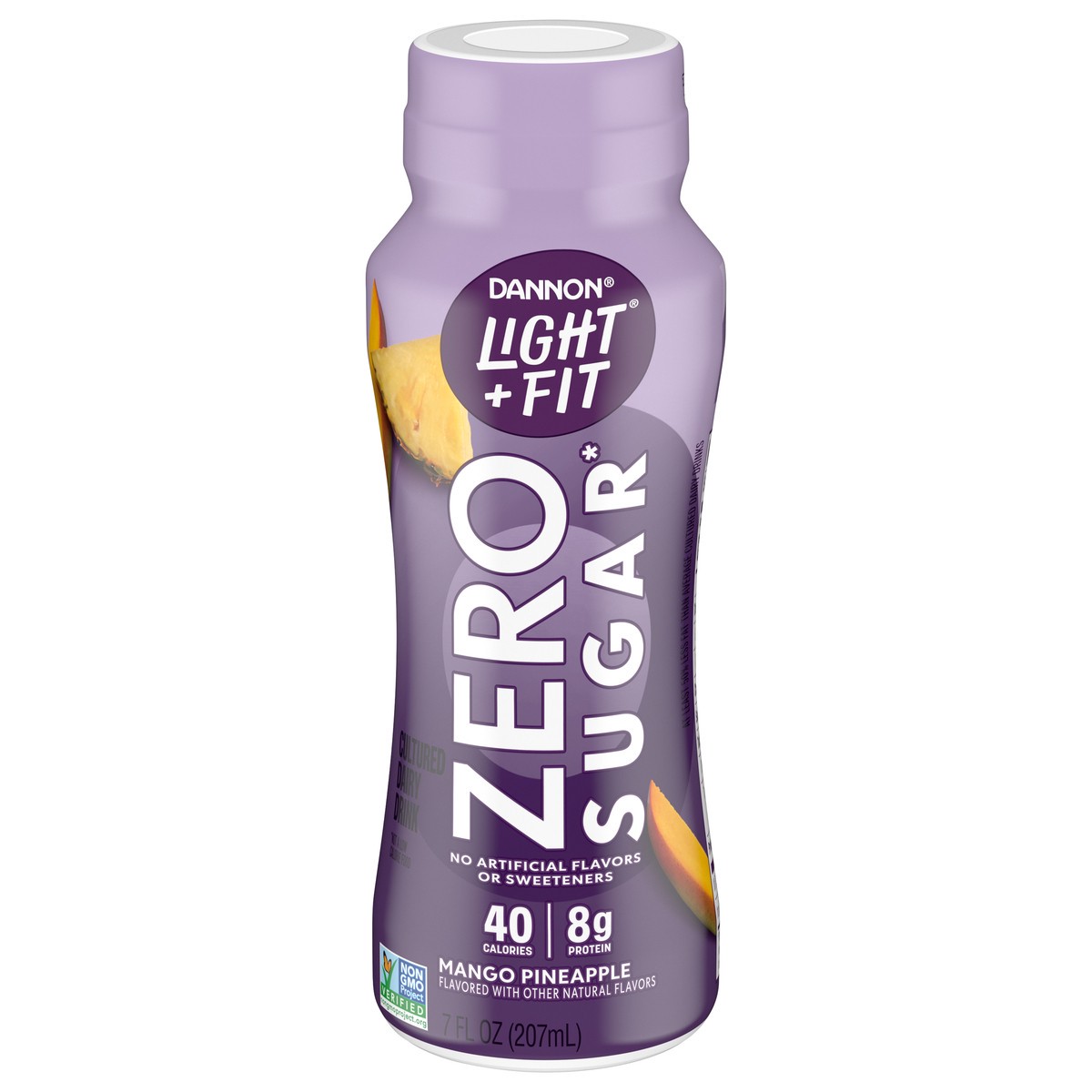 slide 1 of 5, Light + Fit Dannon Light + Fit Zero Sugar Mango Pineapple Fat Free Yogurt-Cultured Dairy Drink, 40 Calories, 8g of Protein and 0g of Sugar, 7 FL OZ Bottle, 7 fl oz