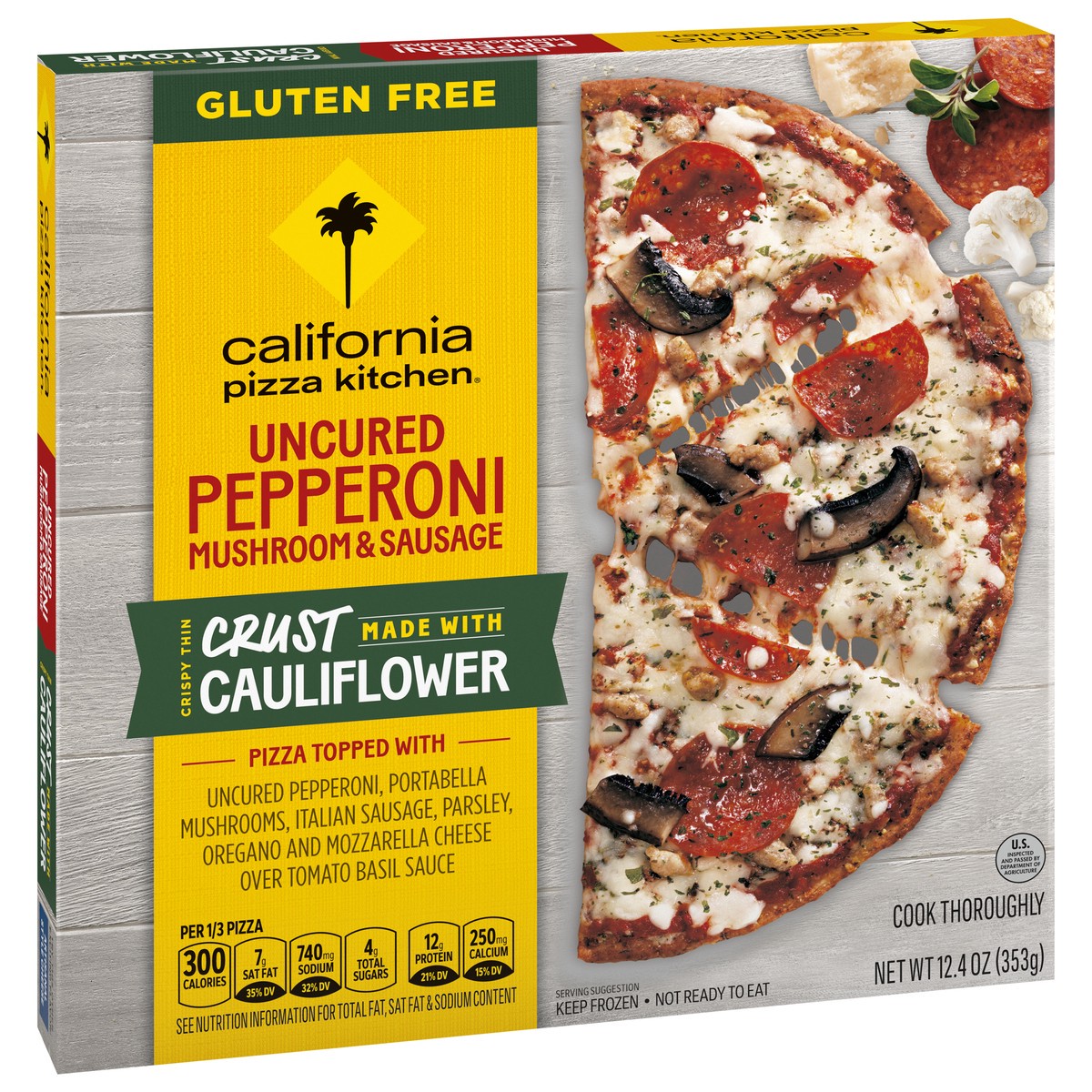 slide 2 of 9, California Pizza Kitchen Uncured Pepperoni Mushroom & Sausage Cauliflower Crispy Thin Crust Pizza, 12.4 oz