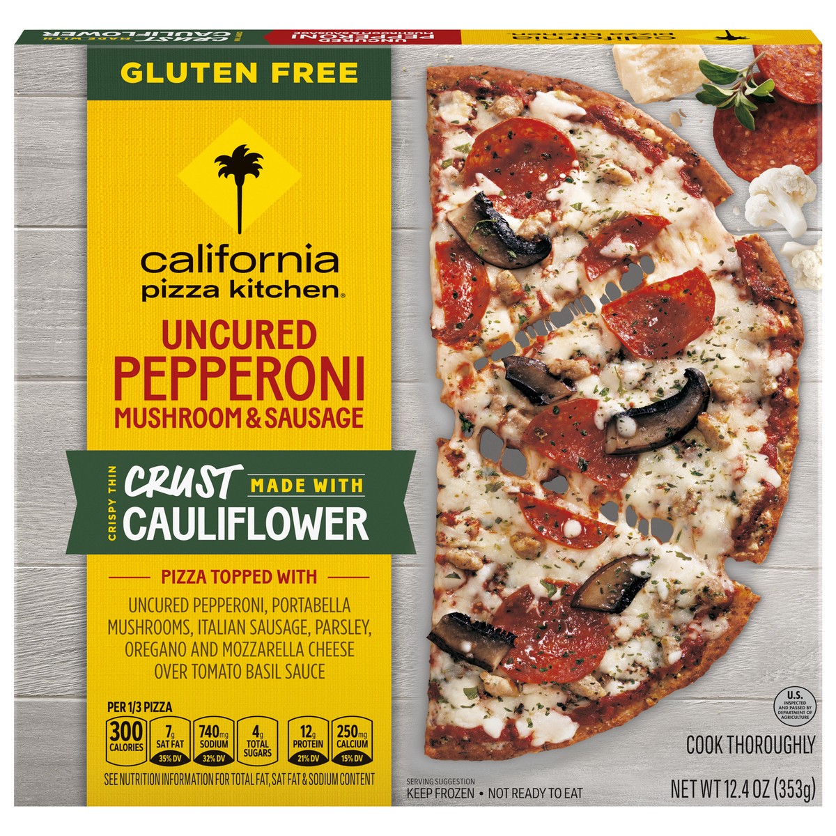 slide 1 of 9, California Pizza Kitchen Uncured Pepperoni, Mushroom, Sausage, Cauliflower Crust, Frozen Pizza, 12.4 oz