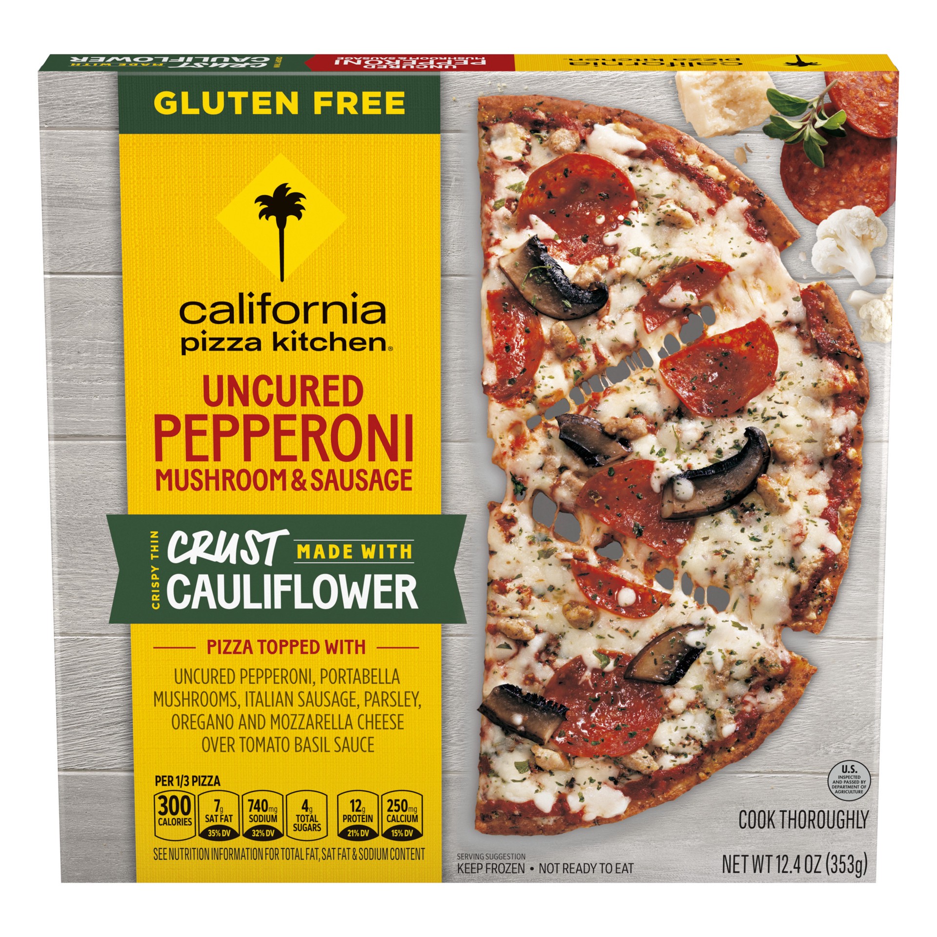 slide 1 of 9, California Pizza Kitchen Uncured Pepperoni, Mushroom & Sausage Frozen Pizza with Cauliflower Pizza Crust, 12.4 Oz, 12.4 oz