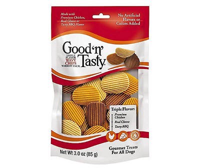 slide 1 of 1, Good 'n' Tasty Good'n'Fun Good ‘N'' Tasty Triple Flavor Wavy Chips, 3 Oz, Treats for Dogs, 3 oz