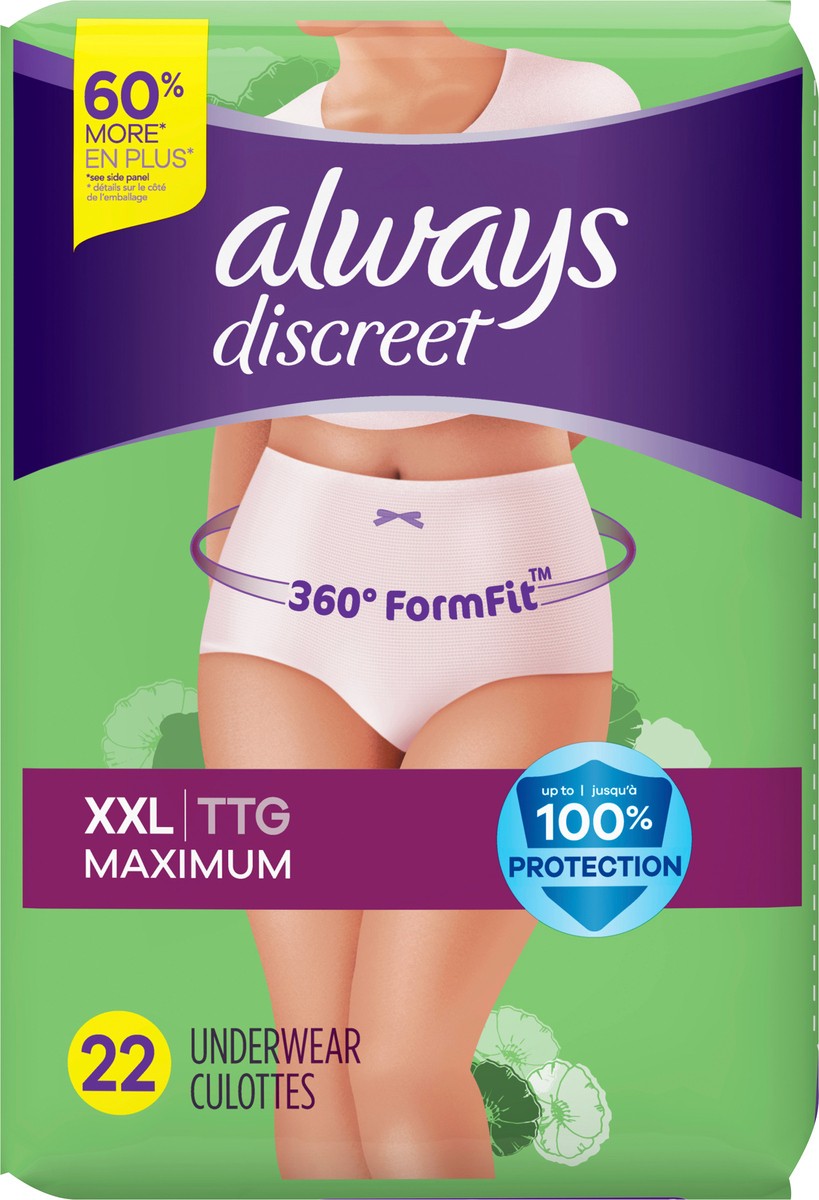 slide 3 of 5, Always Discreet Adult Incontinence Underwear for Women and Postpartum Underwear, XXL, 22 CT, up to 100% Bladder Leak Protection, 22 ct