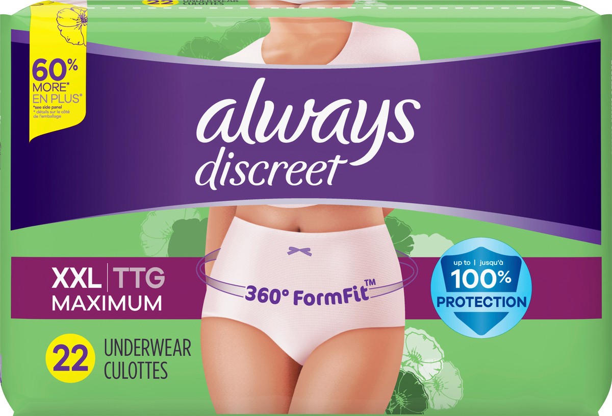 slide 4 of 5, Always Discreet Adult Incontinence Underwear for Women and Postpartum Underwear, XXL, 22 CT, up to 100% Bladder Leak Protection, 22 ct