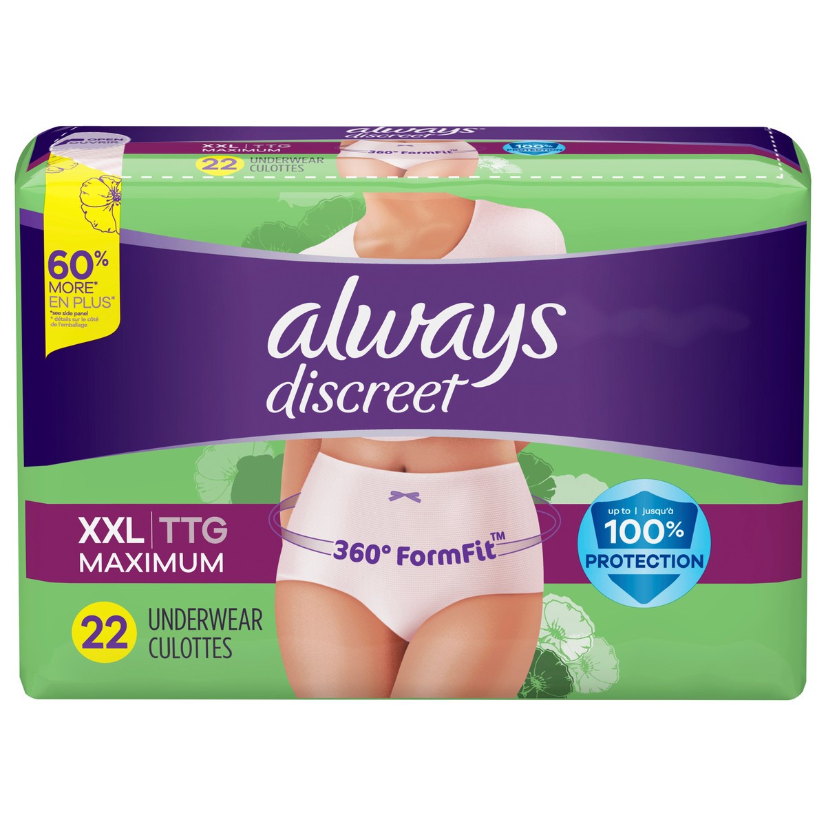 slide 1 of 5, Always Discreet Adult Incontinence Underwear for Women and Postpartum Underwear, XXL, 22 CT, up to 100% Bladder Leak Protection, 22 ct