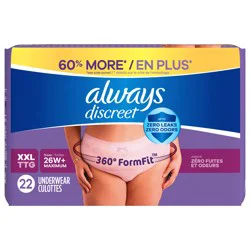 Always Discreet Adult Incontinence Underwear for Women and Postpartum Underwear, XXL, 22 CT, up to 100% Bladder Leak Protection