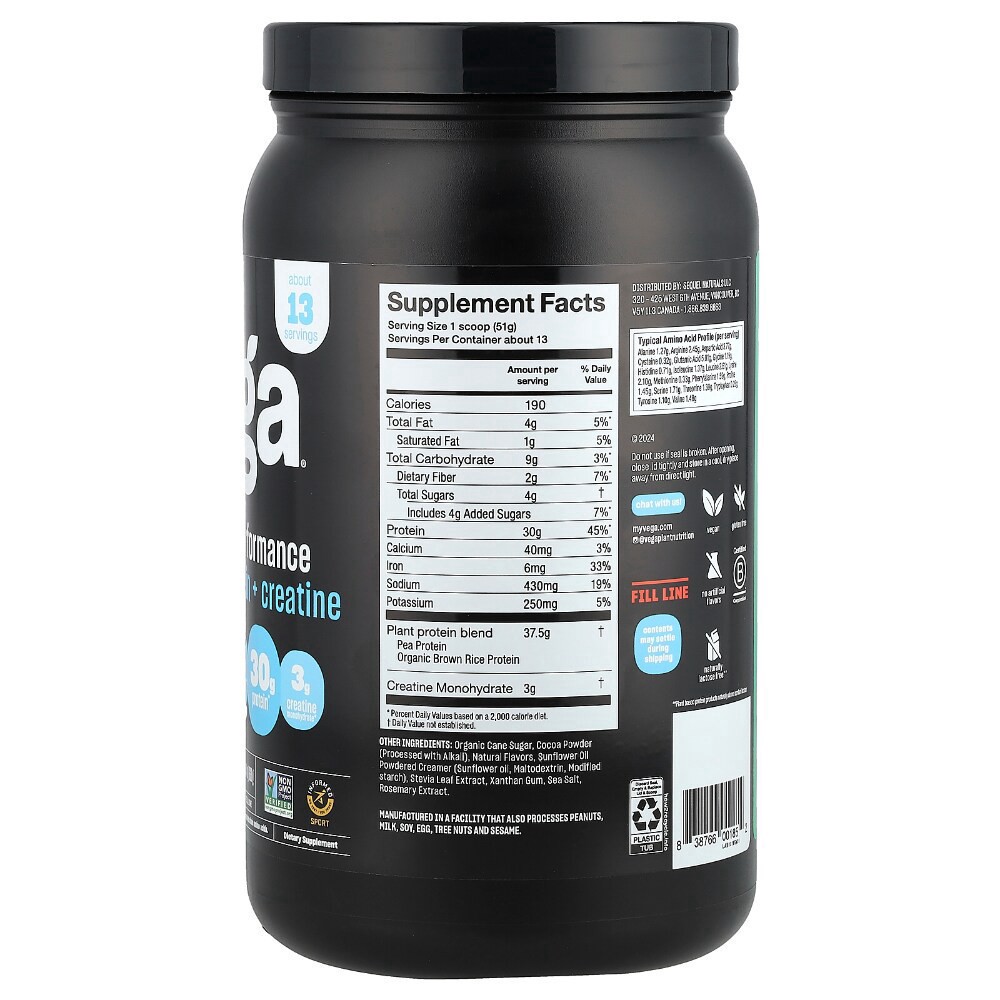 slide 2 of 2, Vega Plant Based Performance Protein + Creatine Creamy Chocolate - 1 lb 7.4 oz (663 g), 1.46 lb