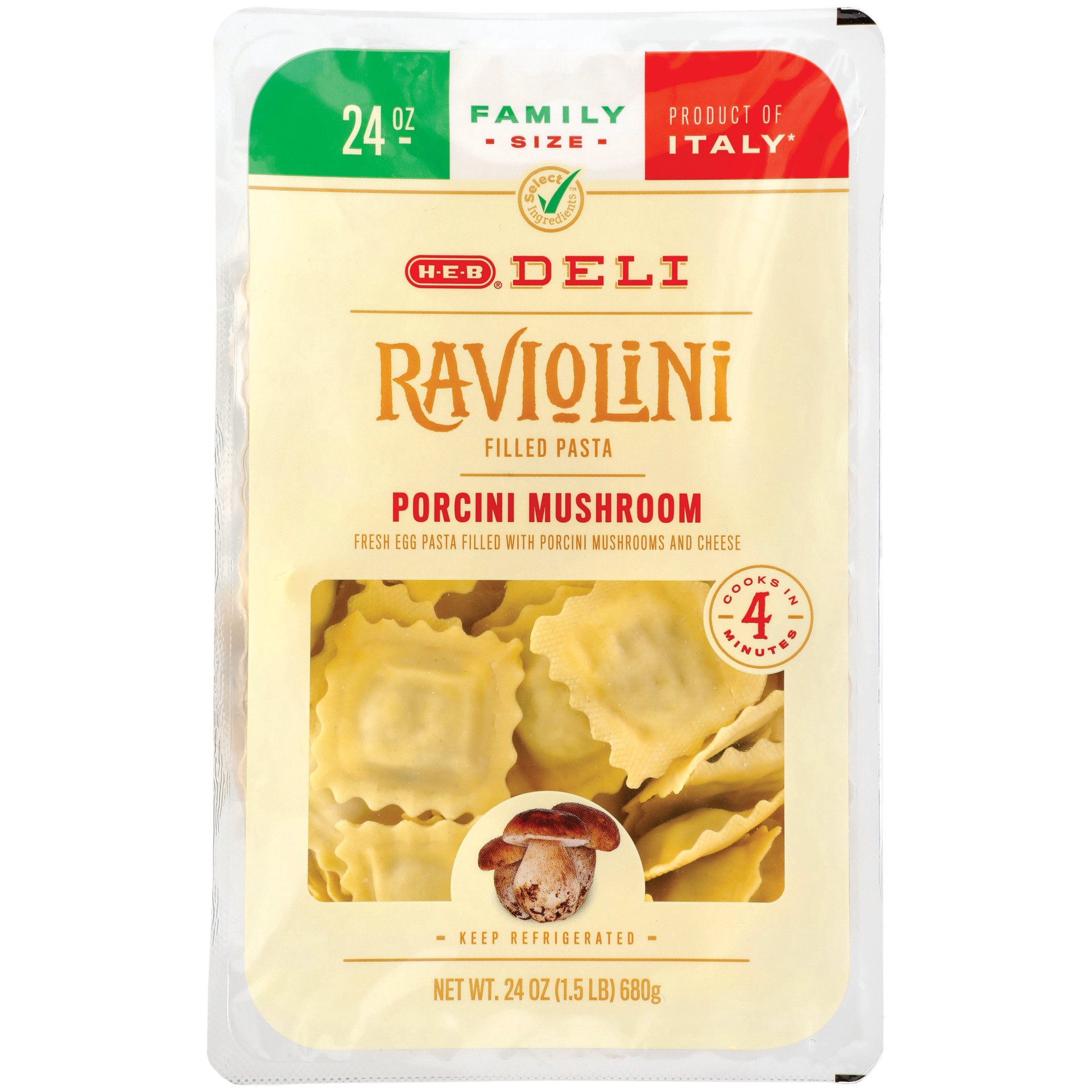 slide 1 of 1, H-E-B Deli Filled Raviolini Pasta – Porcini Mushroom & Cheese - Family Size, 24 oz