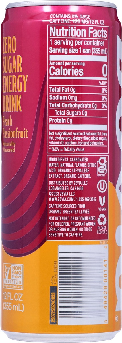slide 5 of 9, Zevia Zero Sugar Peach Passionfruit Energy Drink - 12 fl oz, 