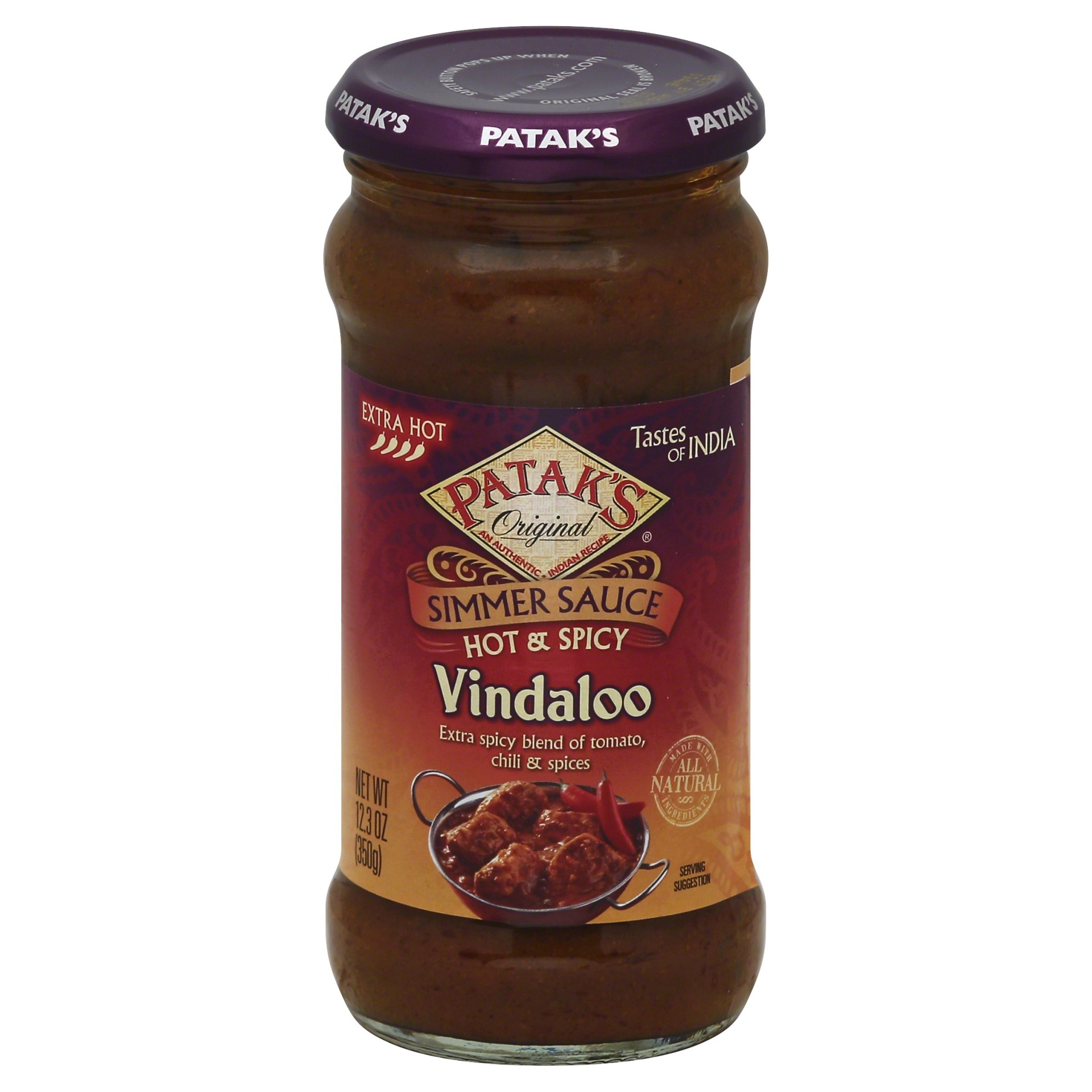 slide 1 of 1, Patak's Original Simmer Sauce Vindaloo Hot & Spicy, 12.3 oz
