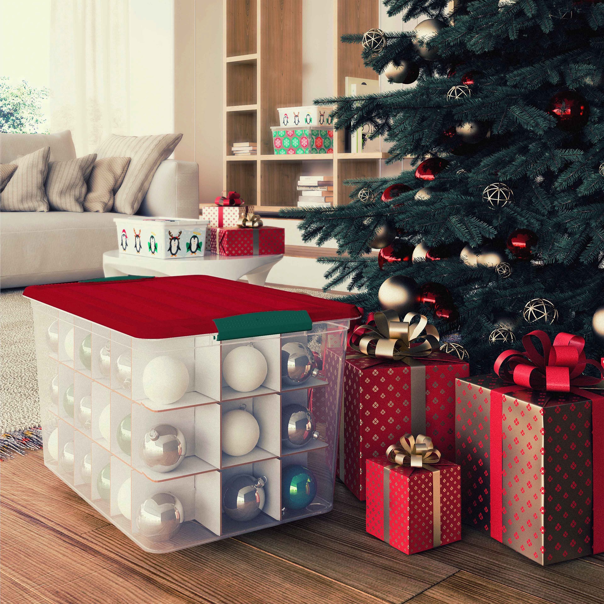 slide 5 of 5, 61.5qt. Latching Ornament Storage By Simply Tidy, 23.2 in x 15.4 in x 13.5 in