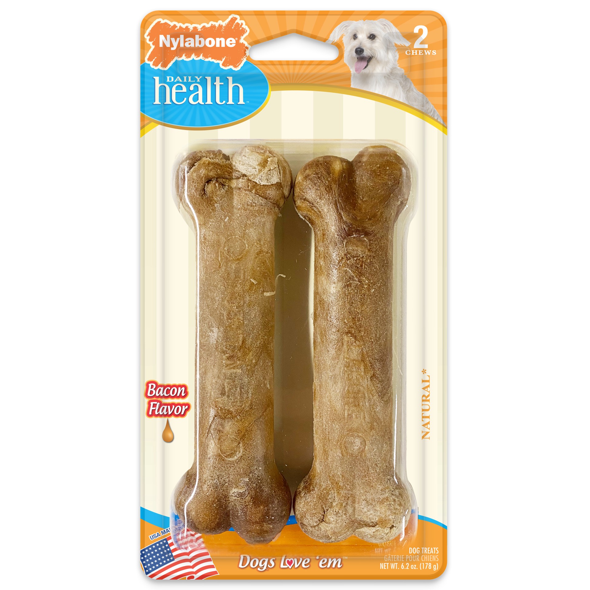 slide 1 of 7, Nylabone Bacon Flavored Medium Bone, 2 ct