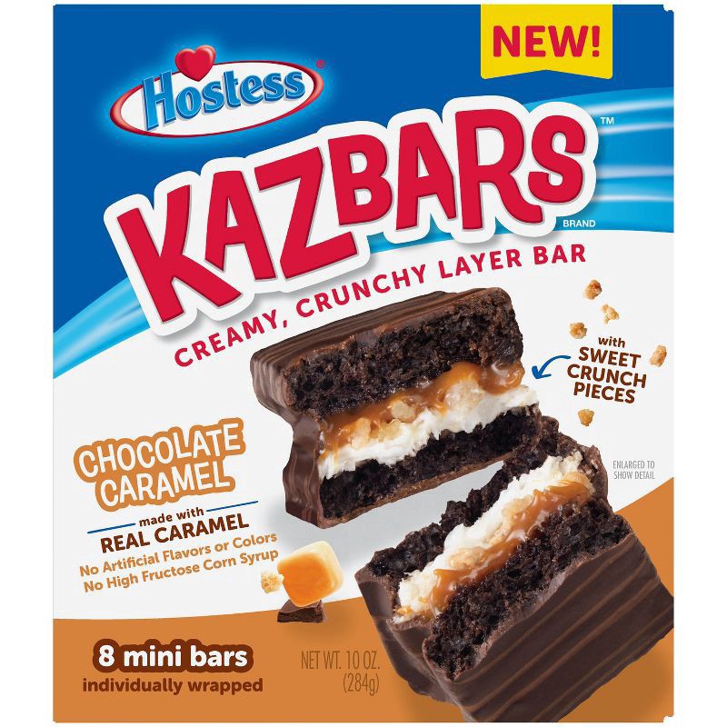 slide 1 of 9, HOSTESS Chocolate Caramel KAZBARS Creamy and Crunchy Layer Bar, Individually Wrapped, Grab and Go, 8 Count 10 oz, 8 ct