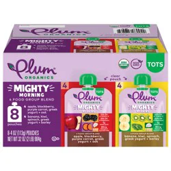 Plum Organics Tots Mighty Morning 4 Food Group Blend Apple, Blackberry, Purple Carrot, Greek Yogurt + Oat and Banana, Kiwi, Spinach, Greek Yogurt + Barley 4oz Pouch-8-Pack