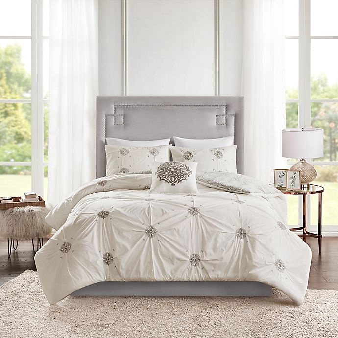 slide 1 of 14, Madison Park Malia Reversible Embroidered Full/Queen Duvet Cover Set - Grey/Ivory, 4 ct