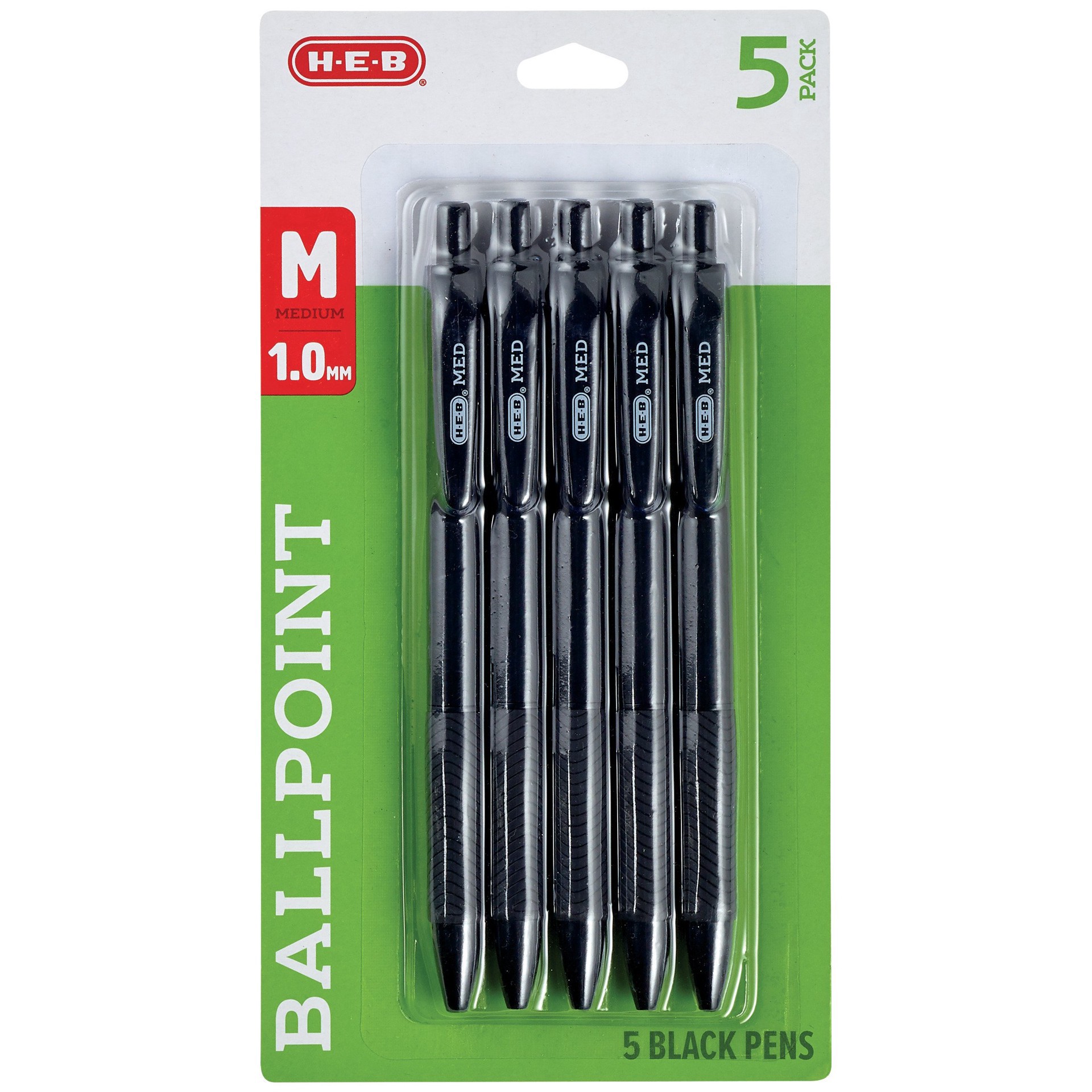 slide 1 of 1, H-E-B 1.0mm Retractable Ballpoint Pens - Black Ink, 5 ct