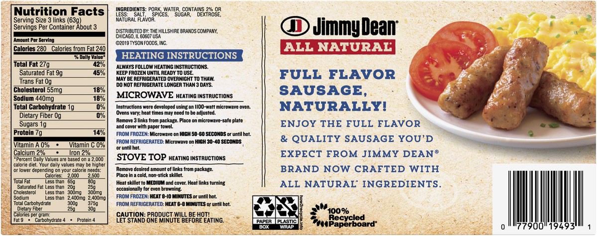 slide 7 of 9, Jimmy Dean All-Natural* Original Pork Sausage Links, 10 Count, 212.62 g