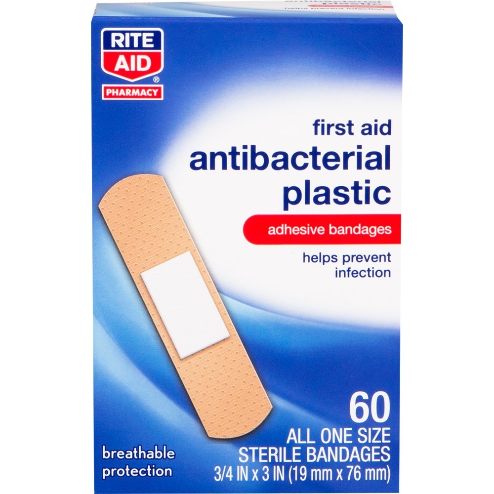 slide 1 of 1, Rite Aid First Aid Antibacterial Plastic Adhesive Bandages, 60 ct