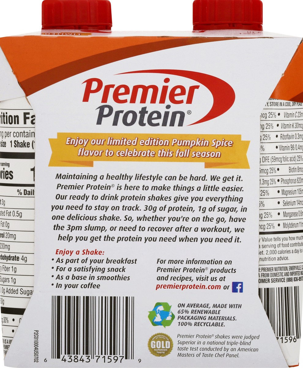 slide 5 of 9, Premier Protein 4 Pack Limited Edition Pumpkin Spice Protein Shakes 4 ea, 4 ct