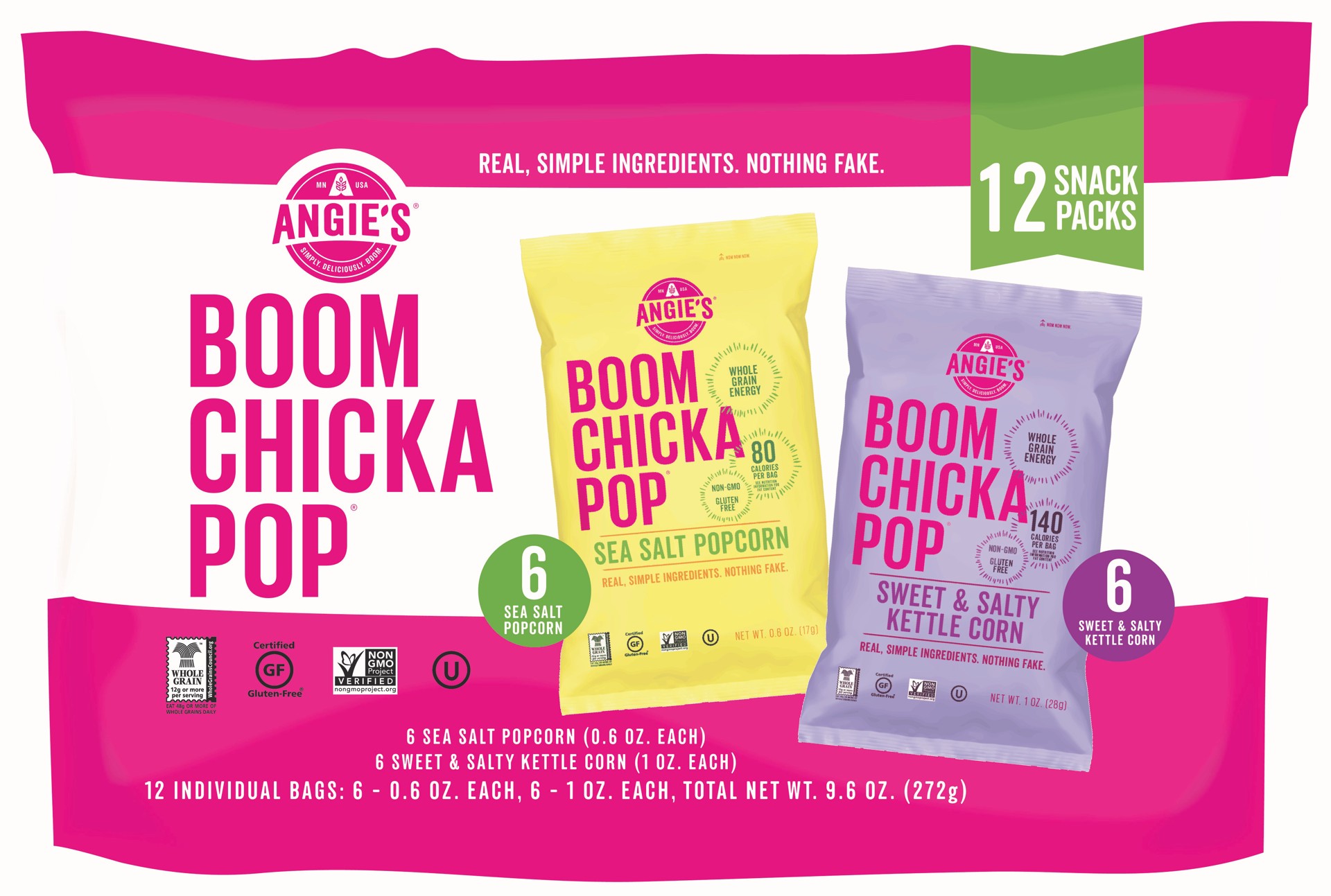 slide 1 of 2, Angie's BOOMCHICKAPOP Popcorn Variety Pack, Sea Salt and Sweet & Salty, 12-Count 9.6 oz., 1 oz