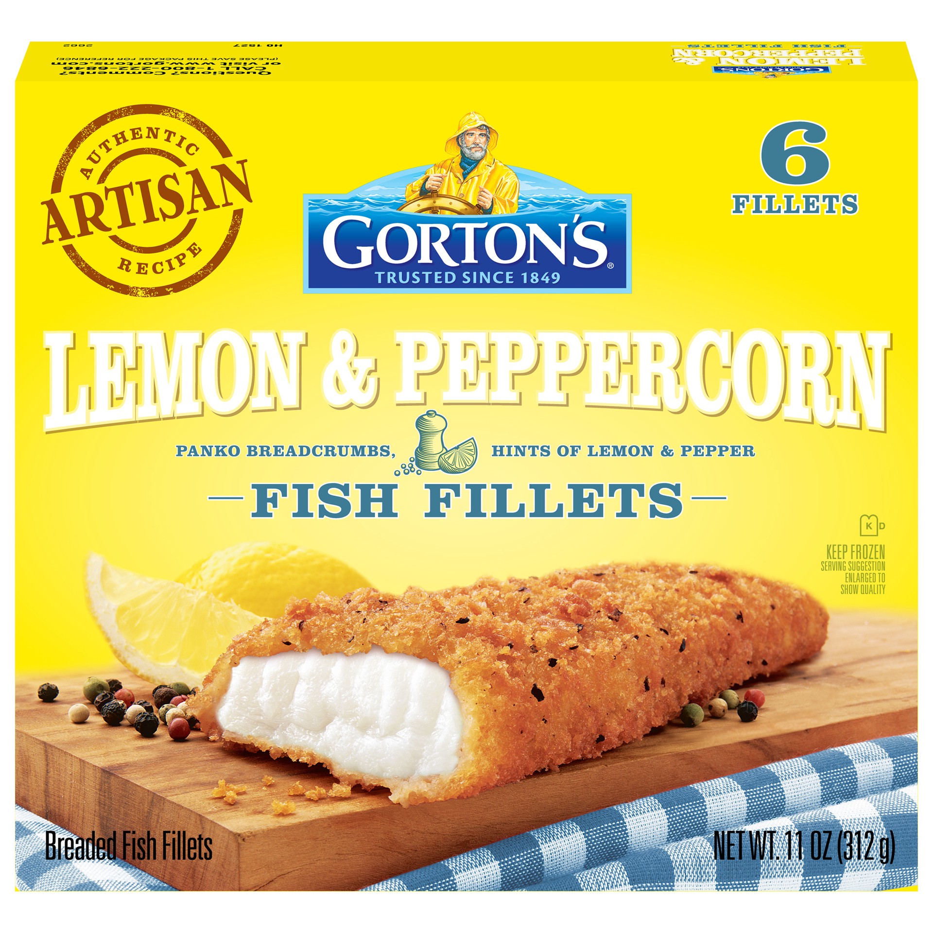 slide 3 of 9, Gorton's Gorton''s Lemon & Cracked Peppercorn Artisan Whole Fish Fillets, Wild Caught Pollock with Panko Breadcrumbs, Frozen, 6 Count, 11 Ounce Package, 11 oz