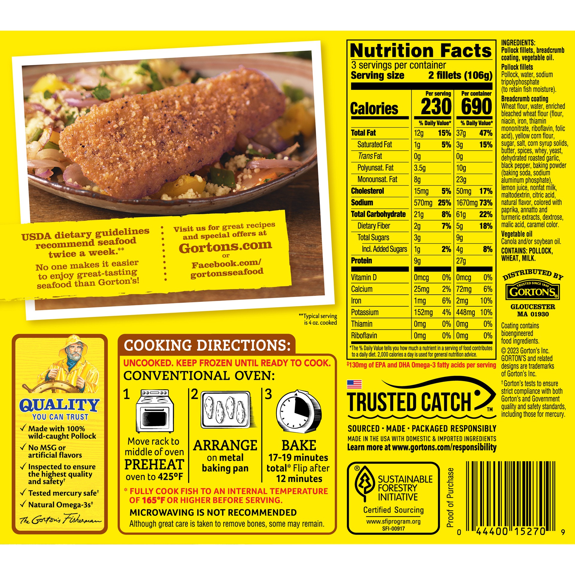 slide 2 of 9, Gorton's Gorton''s Lemon & Cracked Peppercorn Artisan Whole Fish Fillets, Wild Caught Pollock with Panko Breadcrumbs, Frozen, 6 Count, 11 Ounce Package, 11 oz