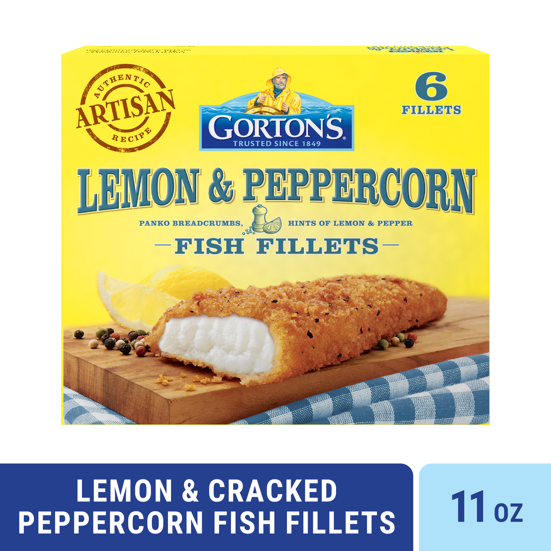 slide 1 of 9, Gorton's Gorton''s Lemon & Cracked Peppercorn Artisan Whole Fish Fillets, Wild Caught Pollock with Panko Breadcrumbs, Frozen, 6 Count, 11 Ounce Package, 11 oz