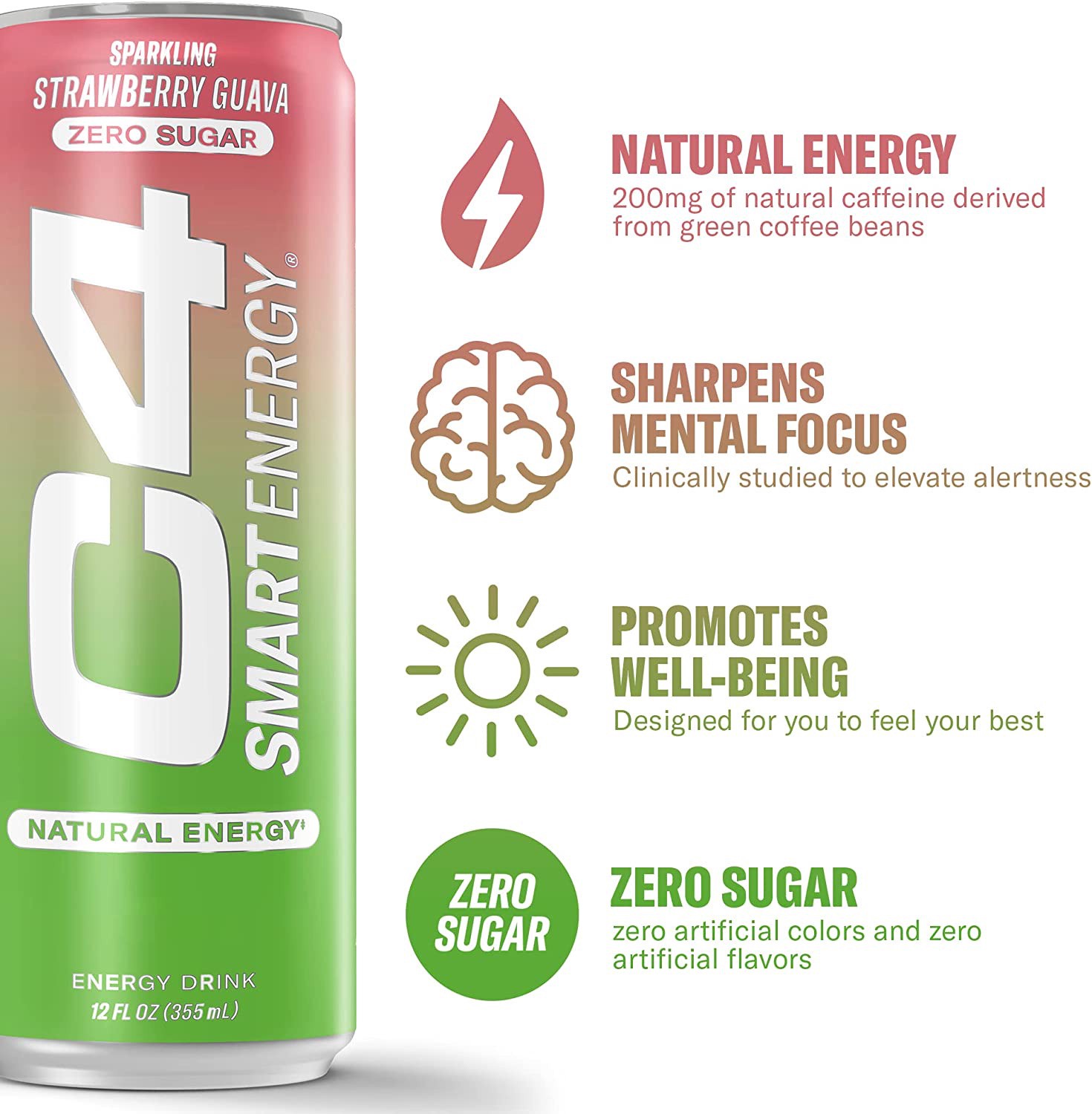 slide 3 of 3, C4 Sport Smart Energy Zero Sugar Sparkling Strawberry Guava Energy Drink 12 fl oz, 12 fl oz