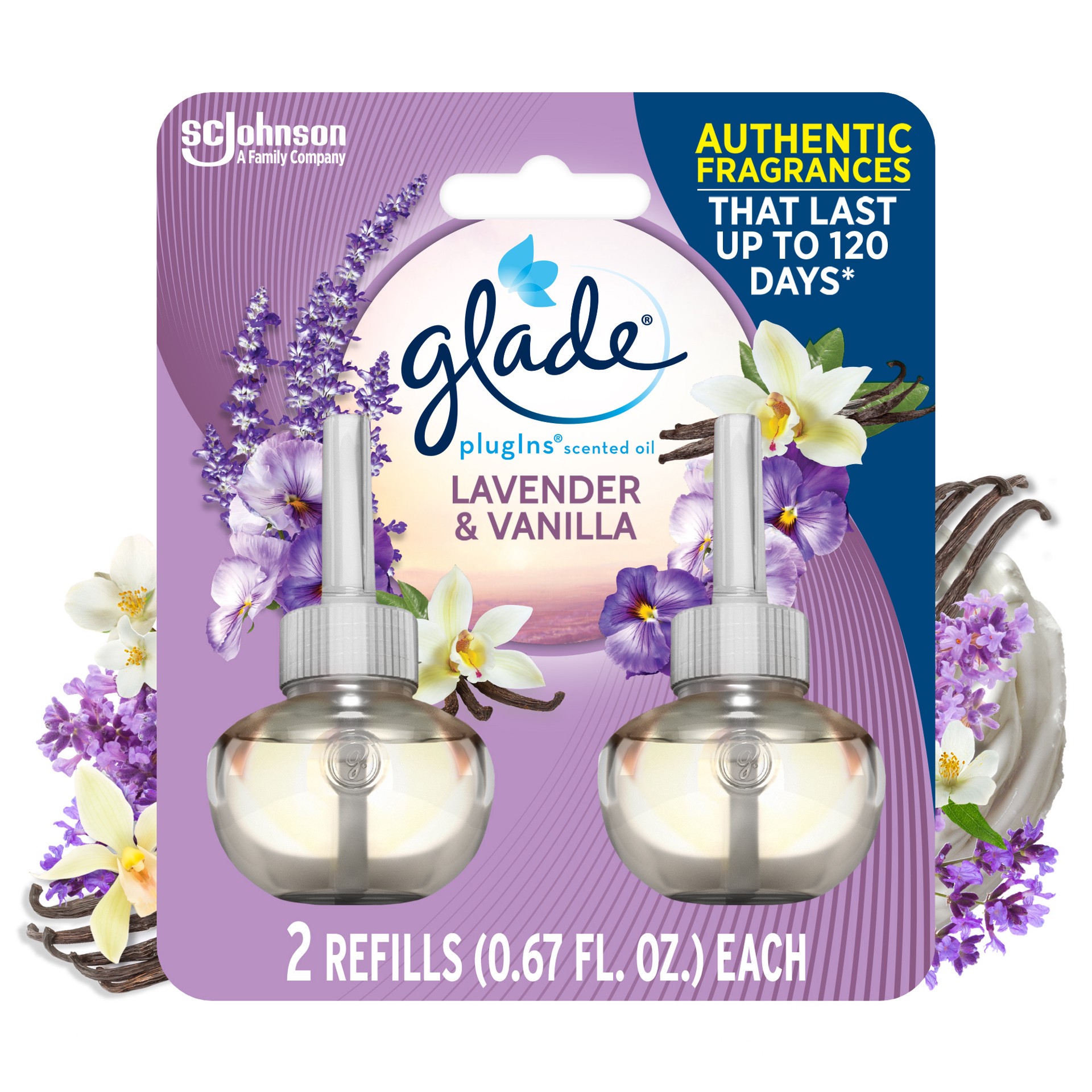 slide 3 of 5, Glade PlugIns Scented Oil 2 Refills, Air Freshener, Lavender & Vanilla, 2 x 1.34 oz, 1.34 fl oz