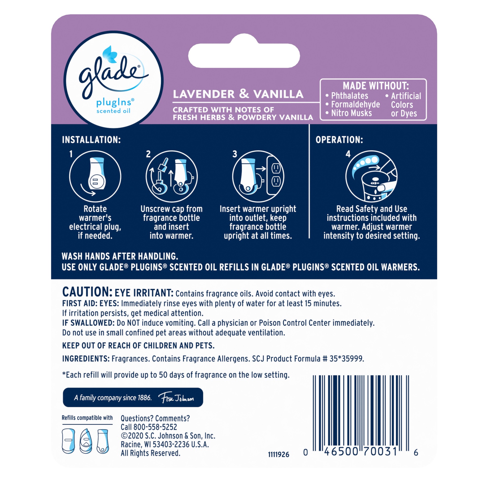 slide 5 of 5, Glade PlugIns Scented Oil 2 Refills, Air Freshener, Lavender & Vanilla, 2 x 1.34 oz, 1.34 fl oz