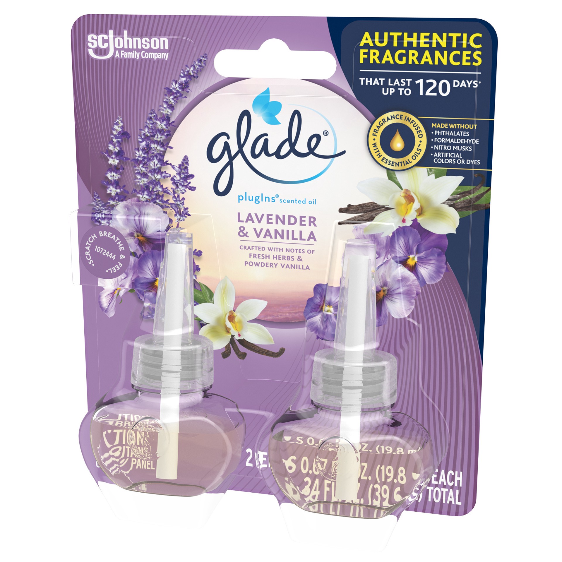 slide 2 of 5, Glade PlugIns Scented Oil 2 Refills, Air Freshener, Lavender & Vanilla, 2 x 1.34 oz, 1.34 fl oz