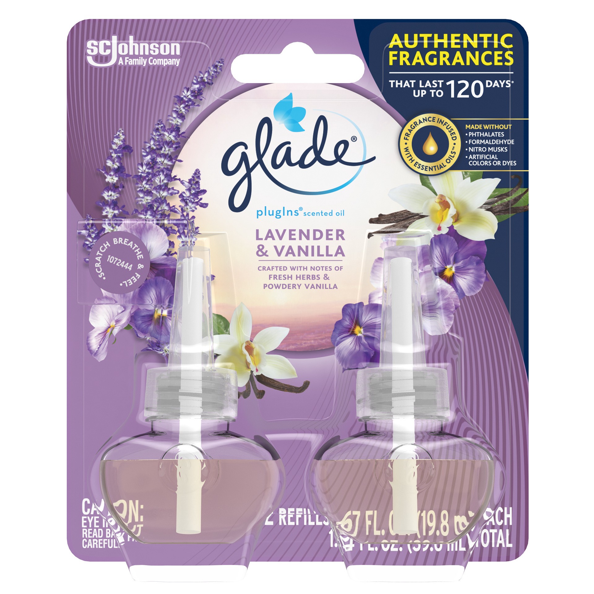 slide 1 of 5, Glade PlugIns Scented Oil 2 Refills, Air Freshener, Lavender & Vanilla, 2 x 1.34 oz, 1.34 fl oz