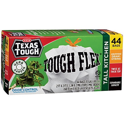 slide 1 of 1, H-E-B Texas Tough Tough Flex Drawstring Herb Garden ScentTall Kitchen 13 Gallon Trash Bags, 44 ct