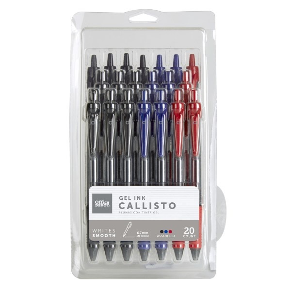 slide 1 of 5, Office Depot Brand Callisto Retractable Gel Ink Pens, Medium Point, 0.7 Mm, Visible Ink Supply, Assorted Classic Ink Colors, Pack Of 20, 20 ct