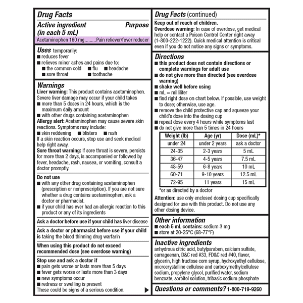 slide 21 of 29, Meijer Children's Pain Reliever Oral Suspension Liquid, Bubble Gum Flavor, Acetaminophen per, Effective, Safe Pain Reliever/Fever Reducer for Children Age 2-11 Years, 160 mg, 5 ml, 4 oz