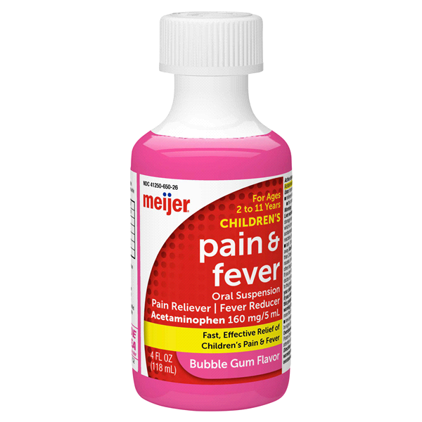 slide 13 of 29, Meijer Children's Pain Reliever Oral Suspension Liquid, Bubble Gum Flavor, Acetaminophen per, Effective, Safe Pain Reliever/Fever Reducer for Children Age 2-11 Years, 160 mg, 5 ml, 4 oz