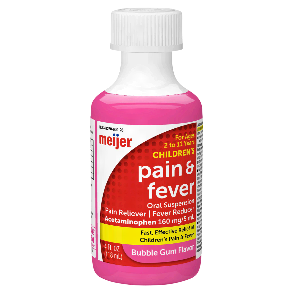 slide 14 of 29, Meijer Children's Pain Reliever Oral Suspension Liquid, Bubble Gum Flavor, Acetaminophen per, Effective, Safe Pain Reliever/Fever Reducer for Children Age 2-11 Years, 160 mg, 5 ml, 4 oz