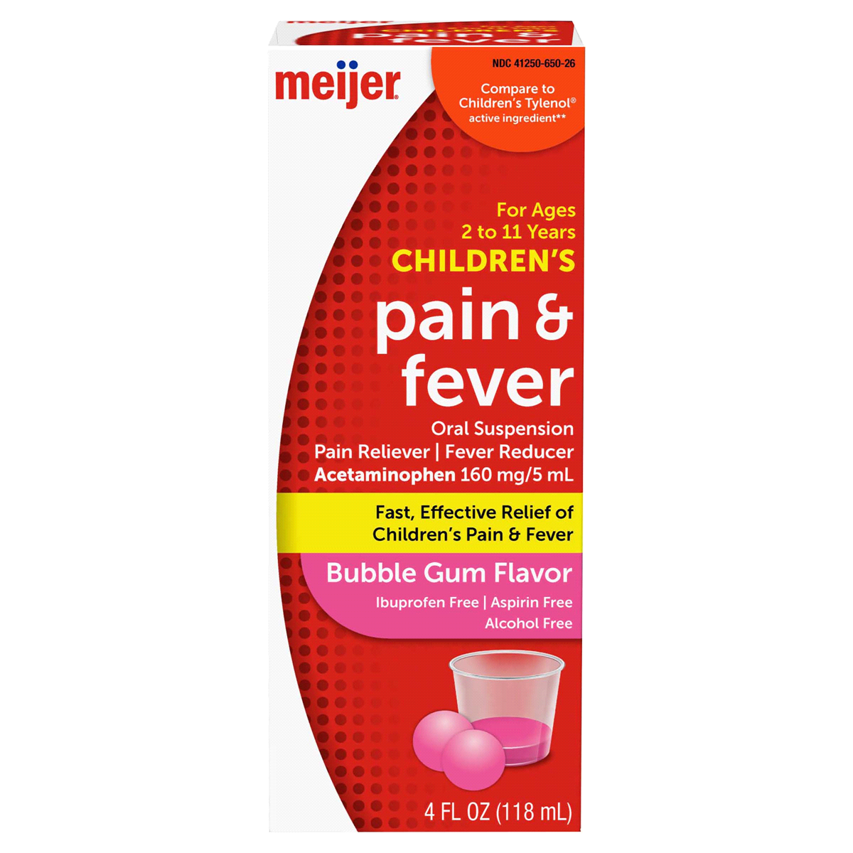 slide 1 of 29, Meijer Children's Pain Reliever Oral Suspension Liquid, Bubble Gum Flavor, Acetaminophen per, Effective, Safe Pain Reliever/Fever Reducer for Children Age 2-11 Years, 160 mg, 5 ml, 4 oz