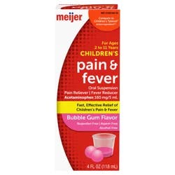 Meijer Children's Pain Reliever Oral Suspension Liquid, Bubble Gum Flavor, Acetaminophen per, Effective, Safe Pain Reliever/Fever Reducer for Children Age 2-11 Years
