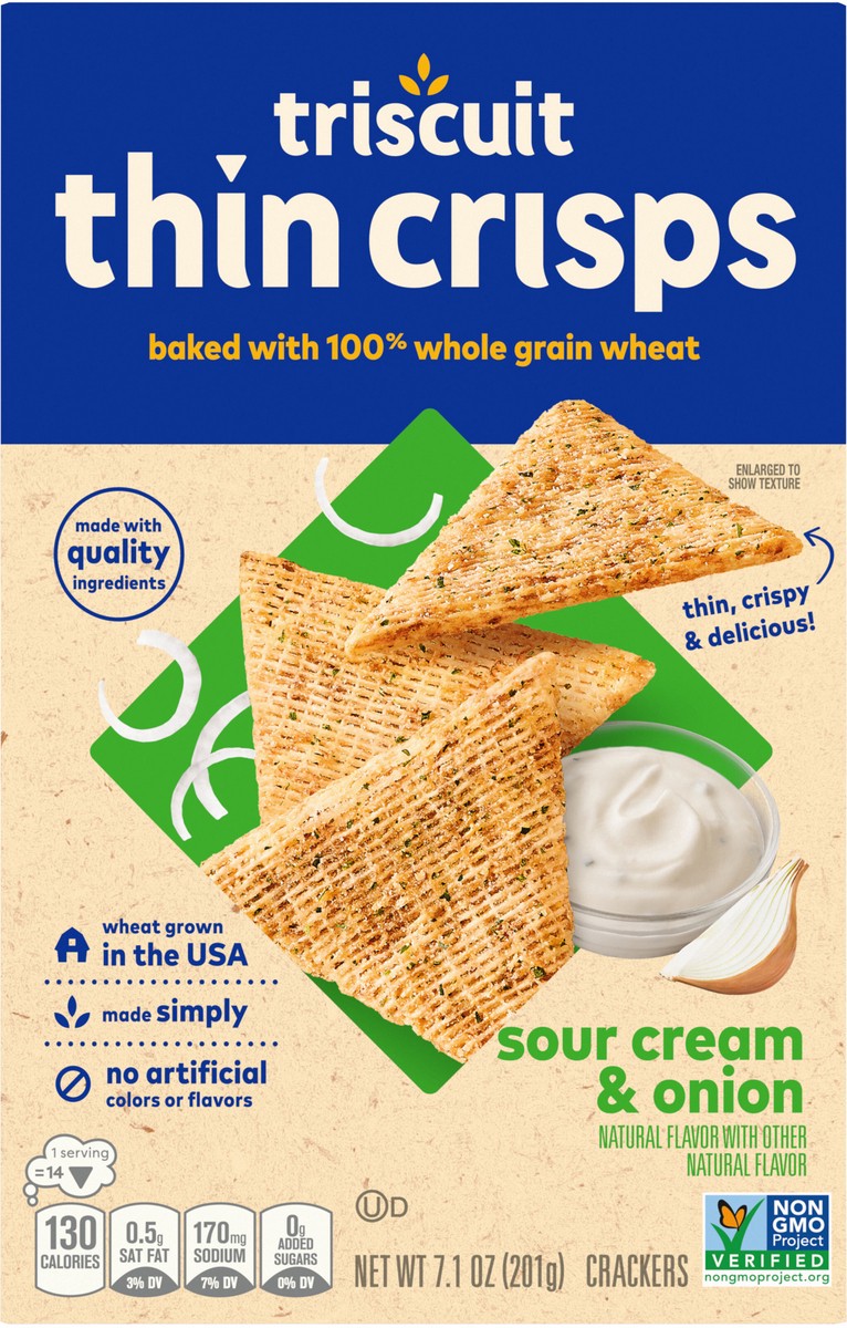 slide 8 of 13, Triscuit Thin Crisps Sour Cream & Onion Whole Grain Wheat Crackers, Lunch Snacks, Snack Crackers, 7.1 oz, 7.1 oz