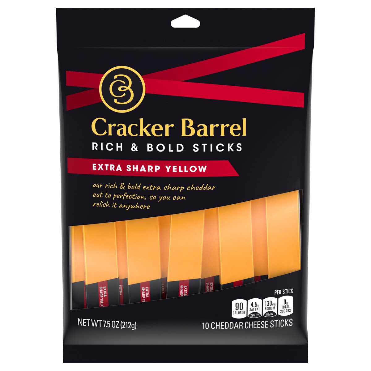 slide 1 of 5, Cracker Barrel Rich & Bold Extra Sharp Yellow Cheddar Snack Cheese Sticks, 7.5 oz