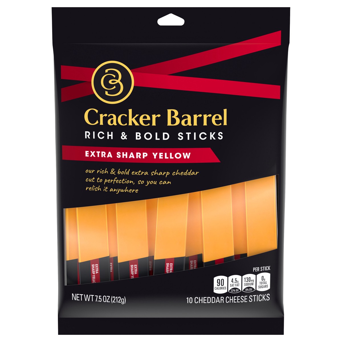 slide 1 of 6, Cracker Barrel Rich & Bold Extra Sharp Yellow Cheddar Cheese Snacks, 10 ct Sticks, 10 ct