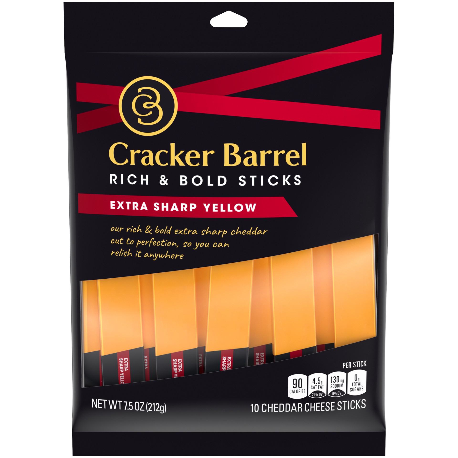 slide 1 of 6, Cracker Barrel Rich & Bold Extra Sharp Yellow Cheddar Cheese Snacks, 10 ct Sticks, 10 ct