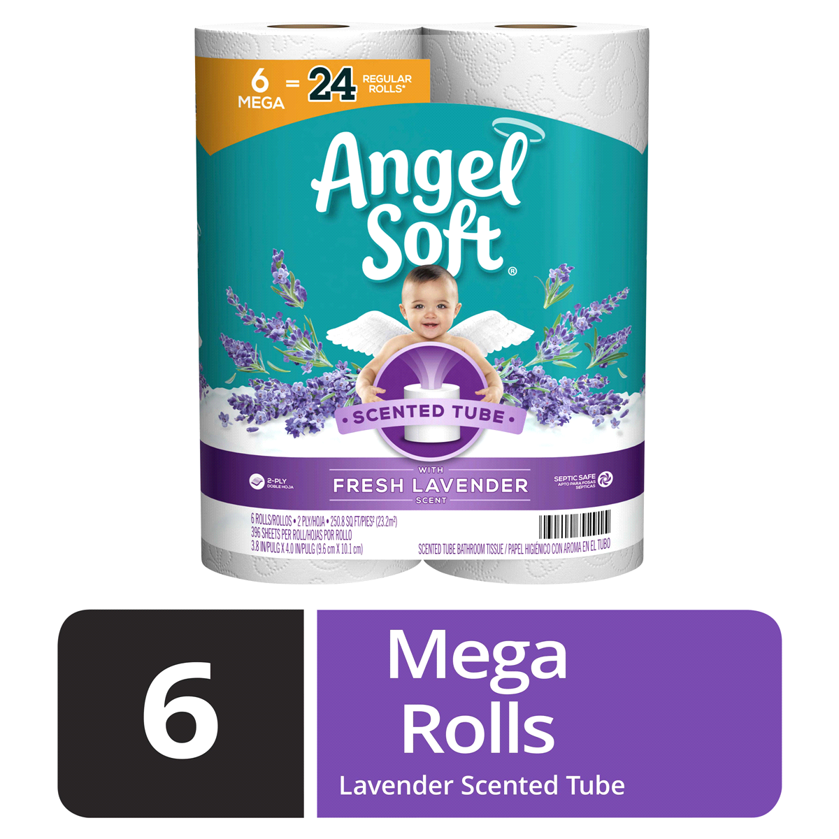 slide 1 of 1, Angel Soft Lavender Scent Mega Rolls Bathroom Tissue, 6 ct